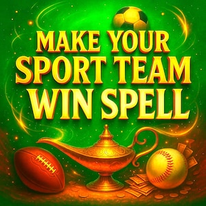 Puede incluir: Ilustración digital sobre un fondo verde con el texto "MAKE YOUR SPORT TEAM WIN SPELL" en oro. La imagen incluye un balón de fútbol americano, una pelota de béisbol, un balón de fútbol, una lámpara dorada y fajos de dinero.