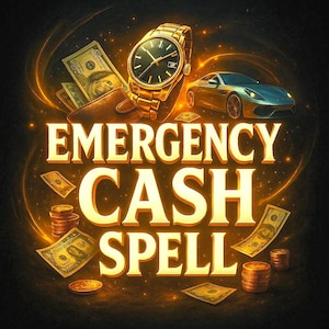 Op de afbeelding: Een illustratie met de tekst "EMERGENCY CASH SPELL" in gouden letters. De afbeelding toont een gouden horloge, een sportwagen, een bruine portemonnee met contant geld, gouden munten en bankbiljetten, tegen een donkere, gloeiende achtergrond.