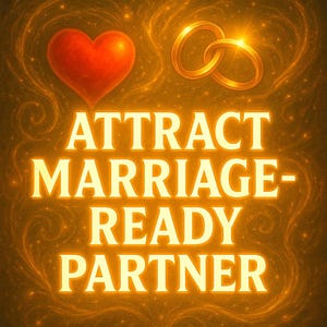 Può includere: Immagine dorata con un cuore rosso e due fedi nuziali dorate. Il testo "ATTRACT MARRIAGE-READY PARTNER" è scritto in lettere illuminate. L'immagine ha un tema romantico, possibilmente legato alle relazioni.