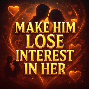 May include: An image with a warm, golden color scheme features the text "MAKE HIM LOSE INTEREST IN HER." Silhouettes of a couple kissing and hearts are also present. The overall design suggests a romantic theme.