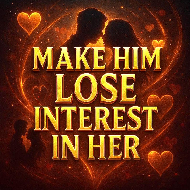 K&ouml;nnte beinhalten: Ein digitales Bild in warmen Goldt&ouml;nen mit dem Text "MAKE HIM LOSE INTEREST IN HER". Silhouetten eines k&uuml;ssenden Paares und Herzen sind ebenfalls vorhanden, was auf ein romantisches Thema hindeutet.