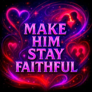 以下が含まれることがあります： 暗い背景に「MAKE HIM STAY FAITHFUL」のテキストが明るいピンク色で表示されたデジタルアート画像。デザインには、光るピンク色のハート、カップルのシルエット、宇宙的で星が散りばめられた効果が含まれています。