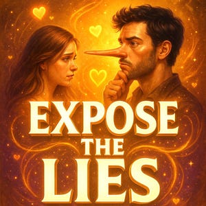 May include: Digital art featuring a man with an elongated nose, a woman, and the text "EXPOSE THE LIES." The image has a warm, golden color scheme with heart-shaped accents, suggesting themes of truth and deception.