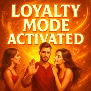 May include: Digital artwork featuring the text "LOYALTY MODE ACTIVATED" in yellow. The image shows a man in a red shirt with two women, also in red, set against a golden, glowing backdrop.