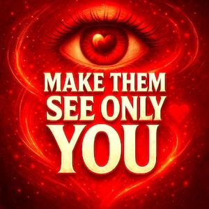Può includere: Immagine digitale con un occhio rosso e una pupilla a forma di cuore. Il testo "MAKE THEM SEE ONLY YOU" è in lettere dorate in grassetto su uno sfondo rosso infuocato con effetti scintillanti. Il tema è romantico e drammatico.