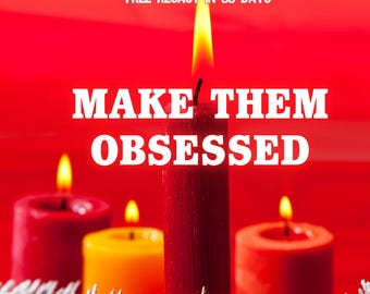 May include: A festive image featuring four lit candles against a vibrant red backdrop. The central candle is a deep red, with a bright yellow flame. The text "MAKE THEM OBSESSED" is prominently displayed. Additional text reads "FREE RECAST IN 30 DAYS" and "SAME DAY DELIVERY".