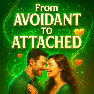 Puede incluir: Ilustración digital con fondo verde y el texto "From Avoidant to Attached". Se muestra una pareja sonriente, con corazones dorados y acentos verdes brillantes. El tema general es el romance y las relaciones.