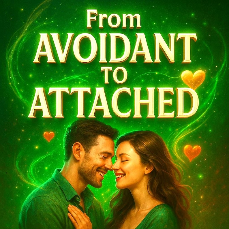 May include: A digital illustration with a green background and the text "From Avoidant to Attached." A smiling couple is featured, with golden hearts and glowing green accents. The overall theme is romance and relationships.