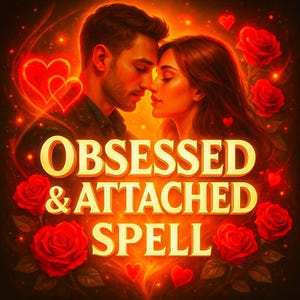 May include: Digital artwork depicting a man and woman in a close embrace, with the words "OBSESSED & ATTACHED SPELL" in gold. Red roses and hearts are scattered around the couple, set against a warm, glowing backdrop.