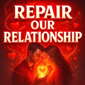 Puede incluir: Ilustración digital con fondo rojo y texto blanco "REPAIR OUR RELATIONSHIP". Se representa a una pareja tocándose la cabeza y sosteniendo un corazón brillante. Corazones rojos y rayos de luz acentúan el tema romántico.