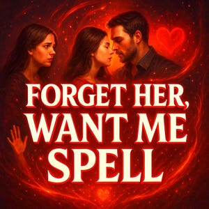 May include: Digital artwork with three figures and the text "FORGET HER, WANT ME SPELL" in a glowing, red-orange font. The background is a swirling, fiery design with a heart symbol.