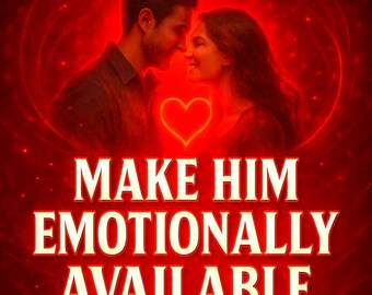May include: A digitally created image with a red background features a couple gazing at each other, with a glowing heart between them. The text "MAKE HIM EMOTIONALLY AVAILABLE" is displayed in a bold, white font.