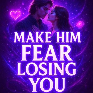 Peut inclure: Illustration numérique d'un couple s'embrassant, avec un cœur et une rose lumineux. Le texte "MAKE HIM FEAR LOSING YOU" est affiché en lettres blanches vives sur un fond cosmique violet et bleu.