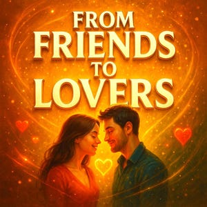 May include: Digital artwork showing a couple looking at each other, with the gold text "FROM FRIENDS TO LOVERS". The background is a warm orange with heart shapes and sparkling light effects, creating a romantic atmosphere.