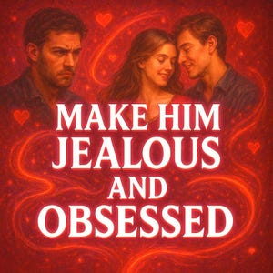 May include: Digital art with three people and the text "MAKE HIM JEALOUS AND OBSESSED" in white. The background is red with hearts and swirling lines. One man looks angry, while a couple embraces.