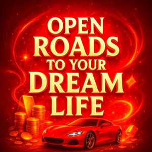 May include: A striking graphic with the words "OPEN ROADS TO YOUR DREAM LIFE" in gold on a red backdrop. The image includes a red sports car, gold coins, and gold bars, evoking themes of aspiration and success.