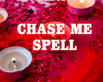 May include: A close-up of a red surface with the words "CHASE ME SPELL" in large white letters. Three lit candles are visible, along with red sequins and feathers. The text "FREE RECAST IN 30 DAYS" and "SAME DAY DELIVERY" are also present.