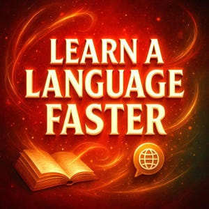 May include: A striking graphic with the words "LEARN A LANGUAGE FASTER" in gold. An open book and a speech bubble with a globe icon are set against a fiery red backdrop.