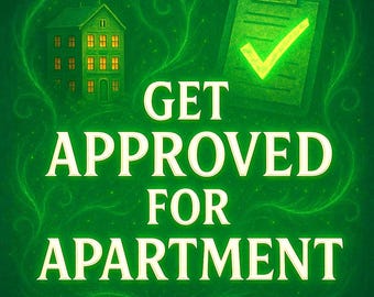 Könnte beinhalten: Eine grüne Grafik mit den Worten "GET APPROVED FOR APARTMENT" in großen weißen Buchstaben. Ein Haus und ein Klemmbrett mit einem Häkchen sind ebenfalls abgebildet. Der Hintergrund hat ein wirbelndes, blattartiges Design.