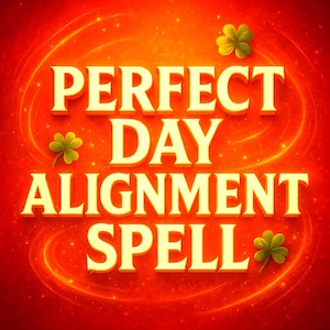 May include: A digital graphic with the text "PERFECT DAY ALIGNMENT SPELL" in bold, 3D lettering. The words are yellow, set against a red and orange background with sparkling effects and shamrock motifs. The overall design is bright and eye-catching.