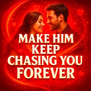 Peut inclure: Illustration numérique sur fond rouge avec un homme et une femme se regardant. Le texte "MAKE HIM KEEP CHASING YOU FOREVER" est affiché en blanc, avec des cœurs dispersés dans l'image.