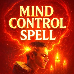 以下が含まれることがあります： 赤い背景に金色の文字で「MIND CONTROL SPELL」と書かれたイラスト。男性が横顔で描かれており、頭から光が発せられています。背景には火の灯ったろうそくがあります。