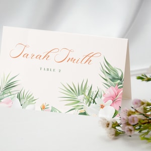 Dos plantillas de tarjetas de nombre florales / Tarjeta de lugar floral tropical plegable editable / Tarjeta de lugar plana editable / Asientos para eventos de boda