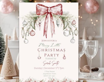 May include: A Christmas party invitation with a watercolor design. The invitation features a red bow, greenery, and ornaments. The text reads "Join us for a Merry Little Christmas Party" and includes event details.
