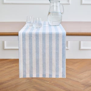 May include: A blue and white striped table runner is displayed on a wooden table. Two clear glasses and a glass pitcher filled with water are on the table. The runner has vertical stripes.