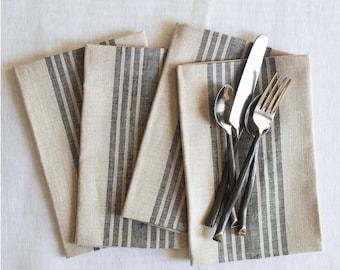 Stripe Linen Napkins Set of 4: Farmhouse Style, 100% Pure Linen