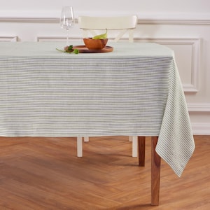 Solino Home Stripe Linen Tablecloth – 100% Pure Linen – Farmhouse Rectangle Tablecloth– Narrow Stripe
