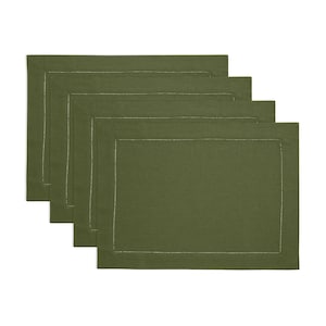 May include: A stack of five olive green rectangular placemats. Each placemat has a stitched border in a lighter shade of green. The placemats are made of a textured fabric.