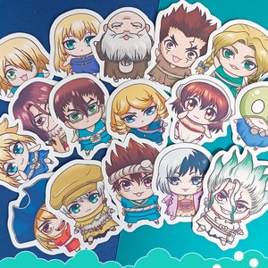 Science kingdom crew chibi stickers, matte and glossy stickers, senku and nanami, gen, kohaku