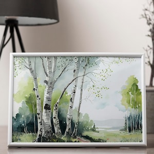 Birch tree Landscape Watercolor Print,  Watercolor Print, Landscape Watercolor,Birch trees, Bed Decor,  Wall Decor, Digital Download Print