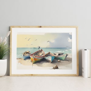 Barcos acuarela vintage, impresión de acuarela, acuarela junto al mar de barcos, decoración de barcos, decoración de vivero, decoración de la pared del océano, impresión de descarga digital