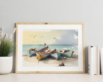 Vintage Boats Watercolor Print, Seaside Nursery Decor (Digital Download)