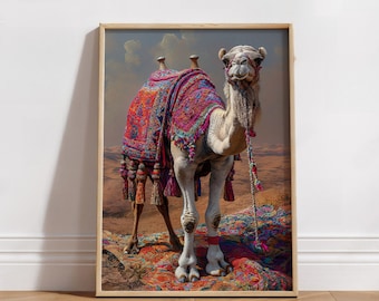 May include: A white camel with a colorful saddle blanket and tassels stands on a desert landscape. The camel is looking directly at the camera.