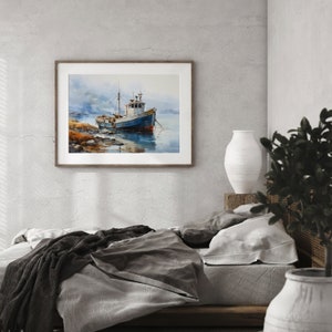 May include: A watercolour painting depicting a blue and white fishing boat moored in a tranquil bay. The boat is surrounded by water and a rocky shoreline. The sky is a soft grey with hints of blue.