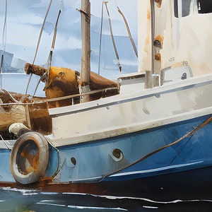 May include: A close-up of a weathered blue and white boat with a large tyre on the side. The boat is docked and the water is visible in the foreground.