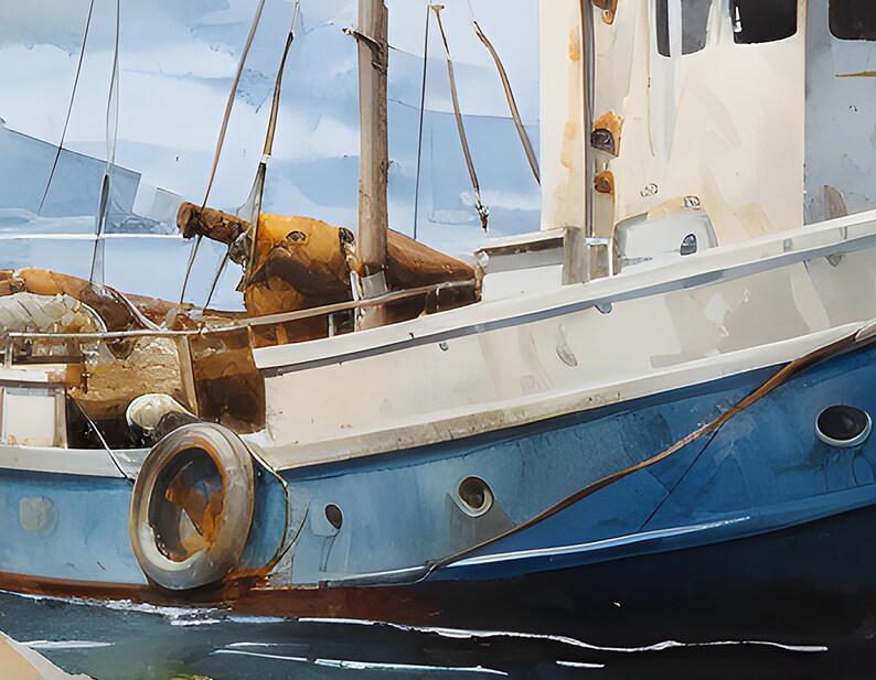 May include: A close-up of a weathered blue and white boat with a large tyre on the side. The boat is docked and the water is visible in the foreground.