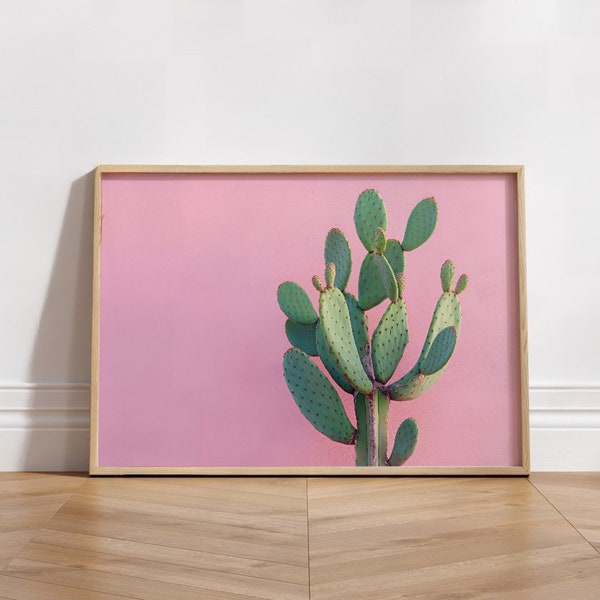 Modern Cactus Printable Wall Art, Pink Background Print, Muralist Style Decor, Minimalist Photo Print