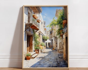 Street of Lefkara Cyprus Digital Art, Instant Download, Watercolor Painting, Wall Decor, Home Decor