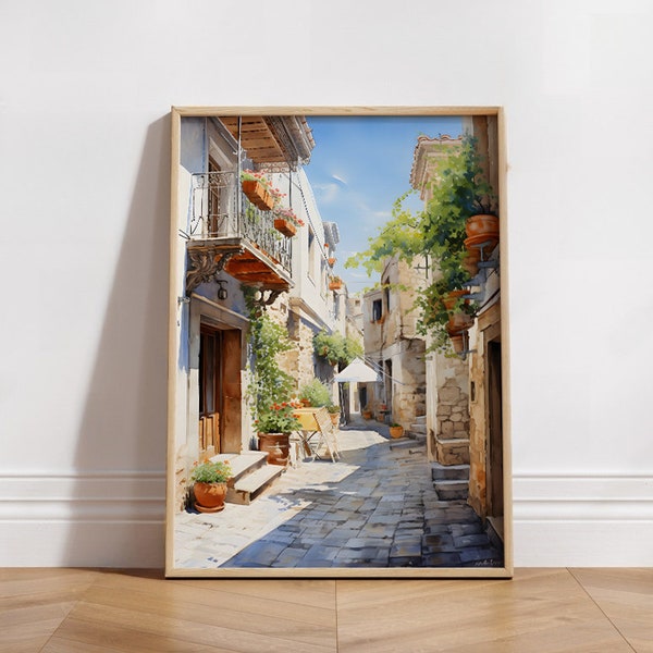 Street of Lefkara Cyprus Digital Art, Instant Download, Watercolor Painting, Wall Decor, Home Decor