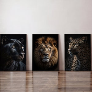 3 枚の大きな猫の肖像画の印刷可能なセット、ライオン、パンサー、ヒョウ、動物の肖像画、動物愛好家へのギフト、サファリ猫、サファリ写真プリント