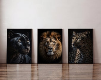 Big Cats Portrait Print Set, Lion, Panther, Leopard (Digital Download)
