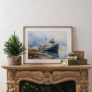 May include: A framed watercolour painting of a blue and white fishing boat moored in a harbour. The boat is surrounded by water and rocks. The painting is set against a white wall with a small green pine tree in a wicker basket on a wooden mantelpiece.