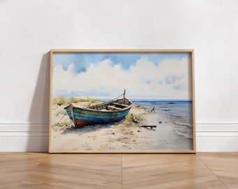 Boats on the shore vintage Watercolor,  Watercolor Print, Boat seaside Watercolor, Boats Decor, Digital Download Print, instant download