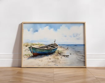 Vintage Boat Watercolor Print, Seaside Wall Art (Digital Download)