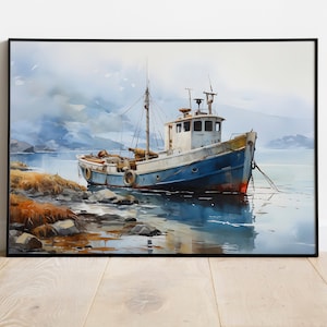 May include: A watercolour painting of a blue and white fishing boat moored at a rocky shore. The boat is surrounded by calm water and a misty background.