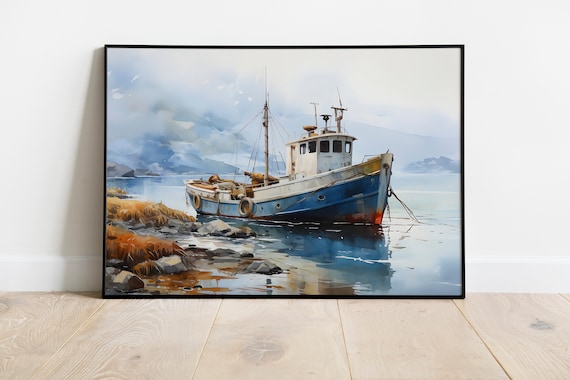 Vintage Boat Watercolor Print, Ocean Wall Decor (Digital Download)